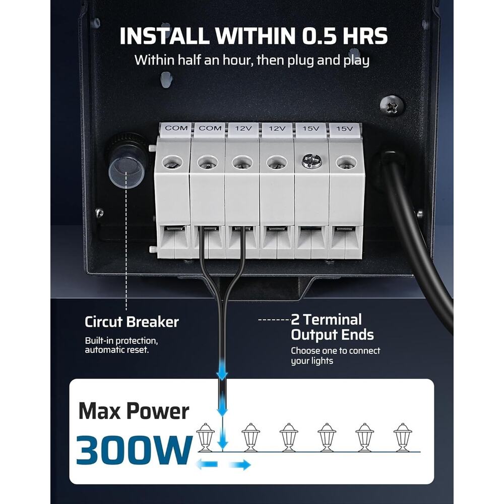 DEWENWILS 300W Low Voltage Landscape Lighting Transformer, 120V to 12/15V AC, - Picture 4 of 7